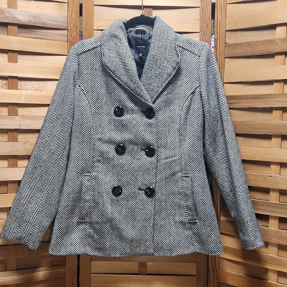 Rampage Women Black White Herringbone Peacoat S Jacket Coat Polyester